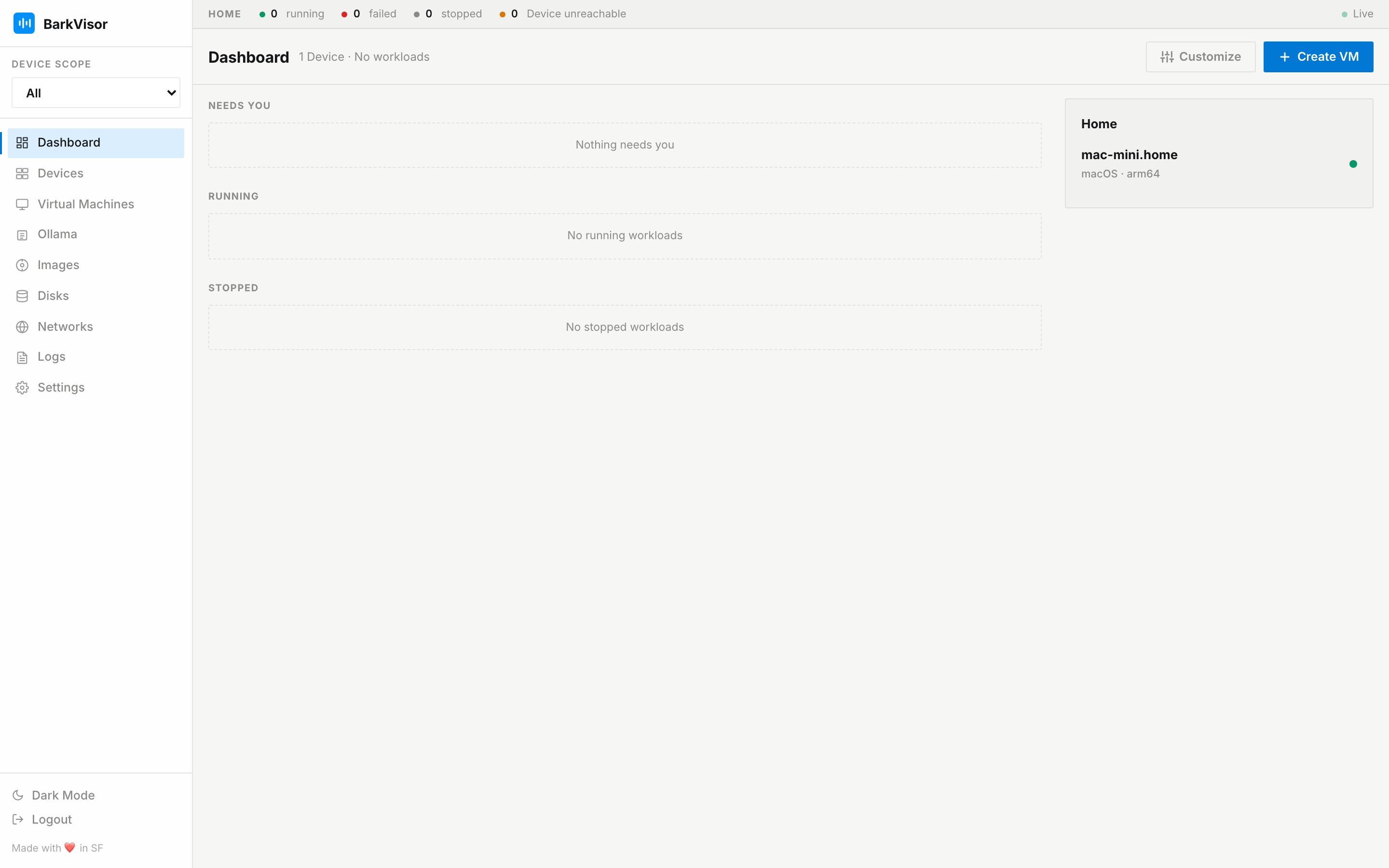 Dashboard with the ops ticker, workload sections, and Home device card