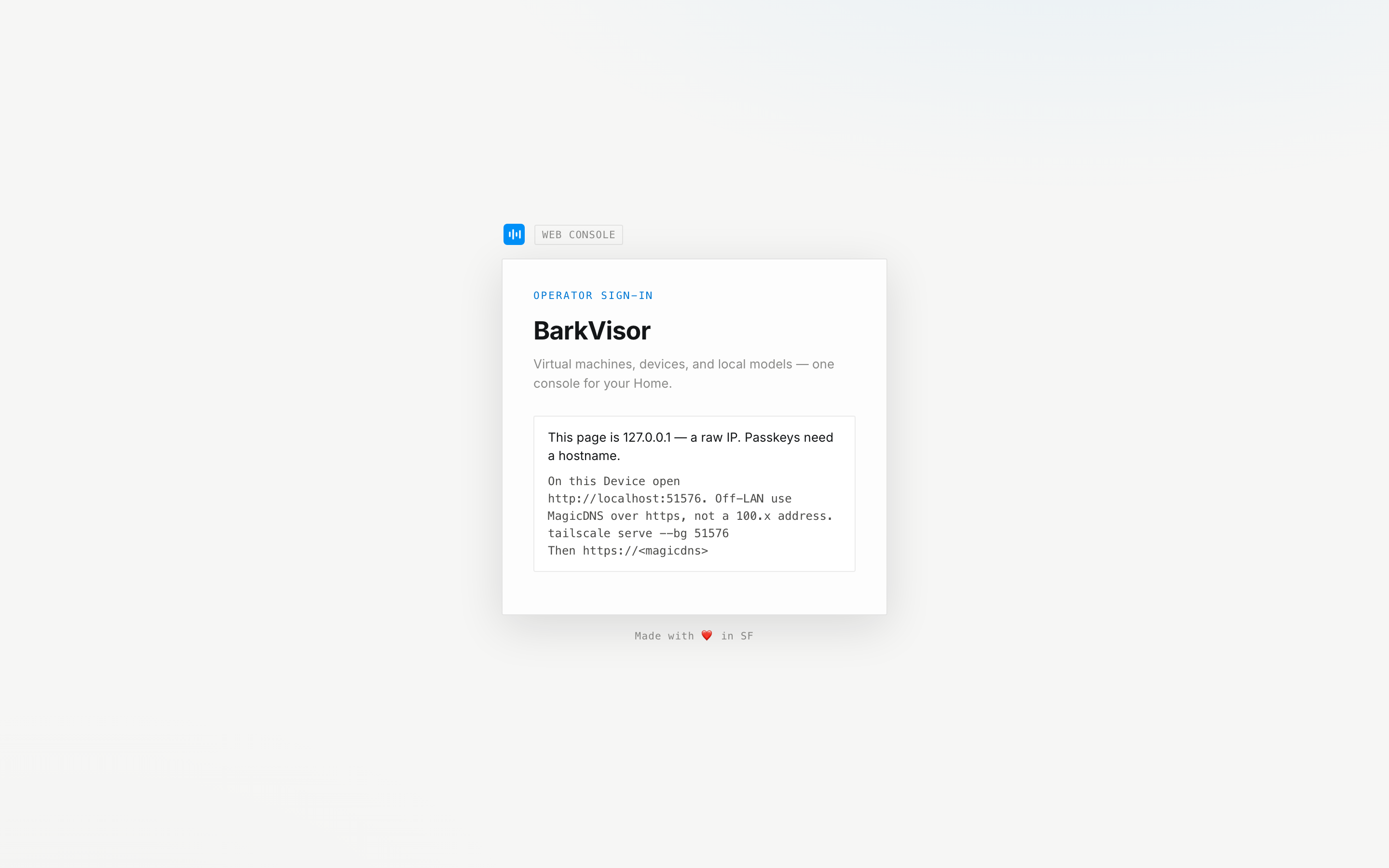 The BarkVisor sign-in screen