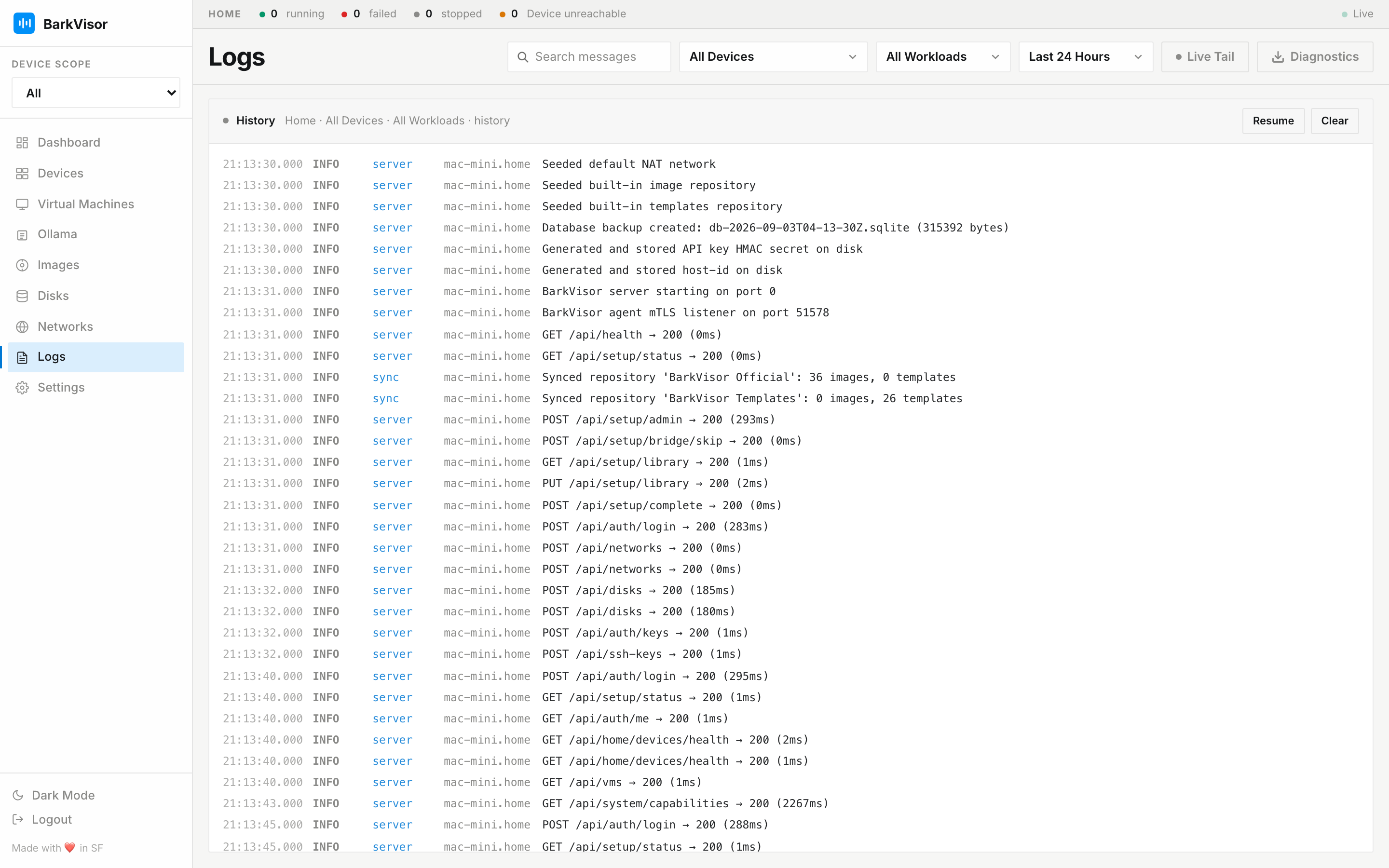 Logs page with filters and live tail