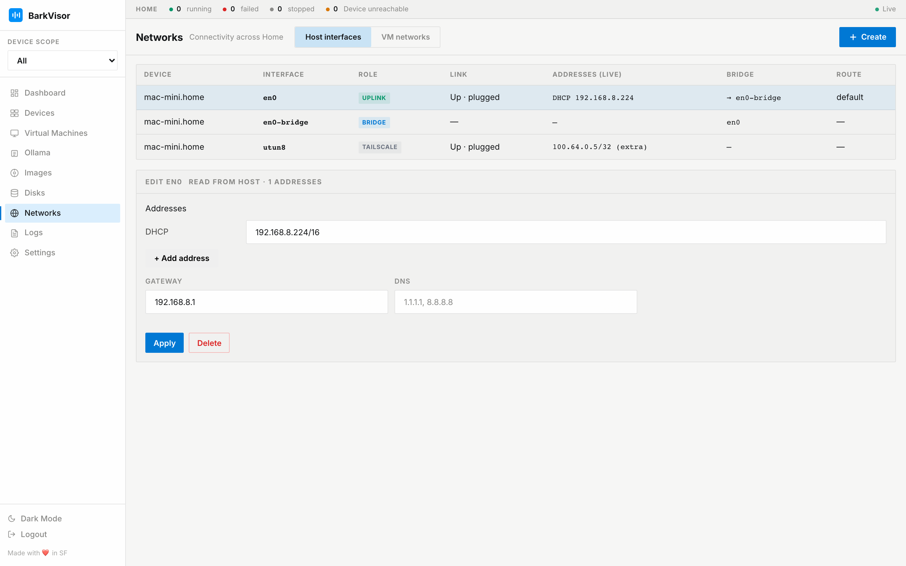 Networks — Host interfaces tab