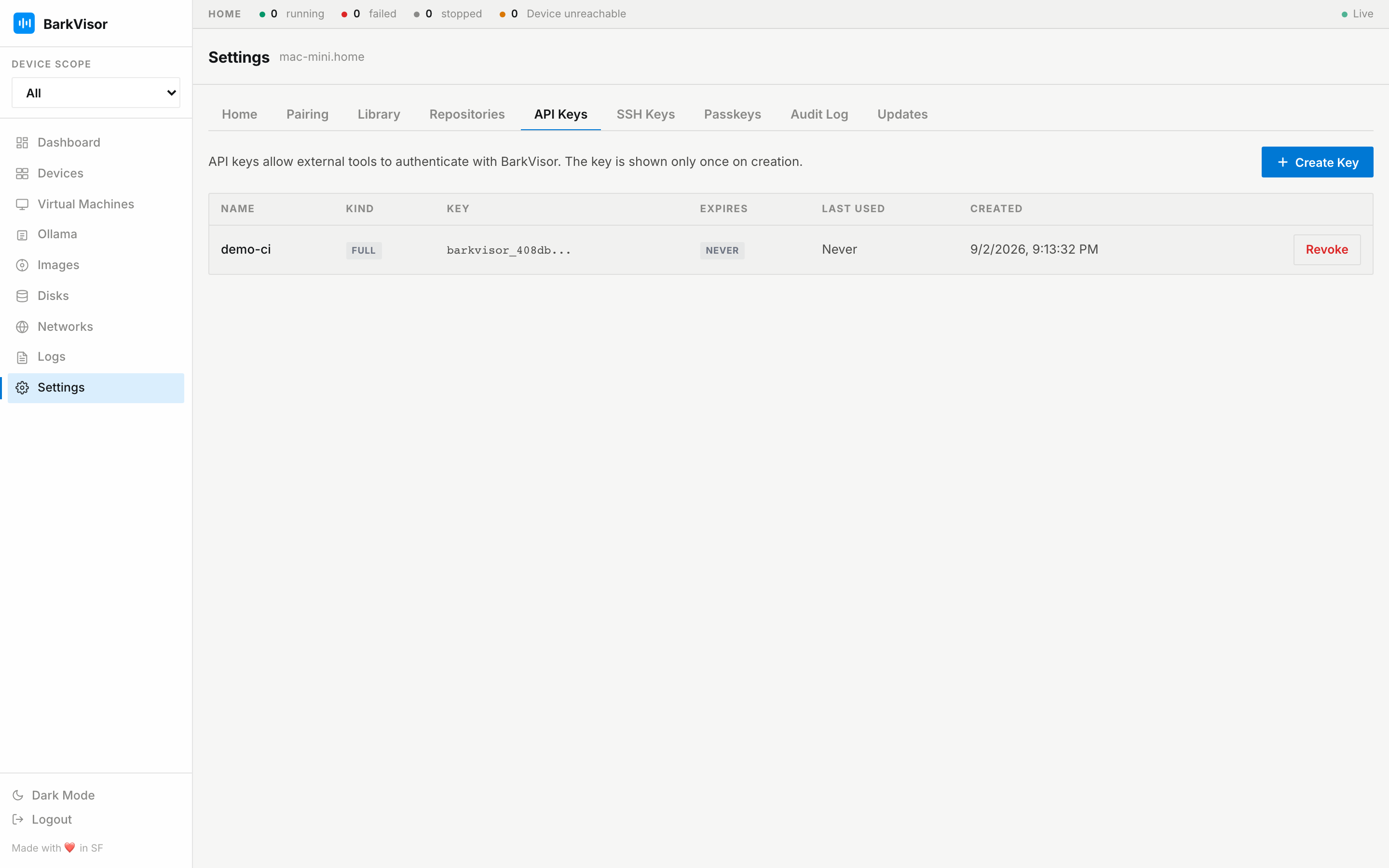 Settings page on the default API Keys tab