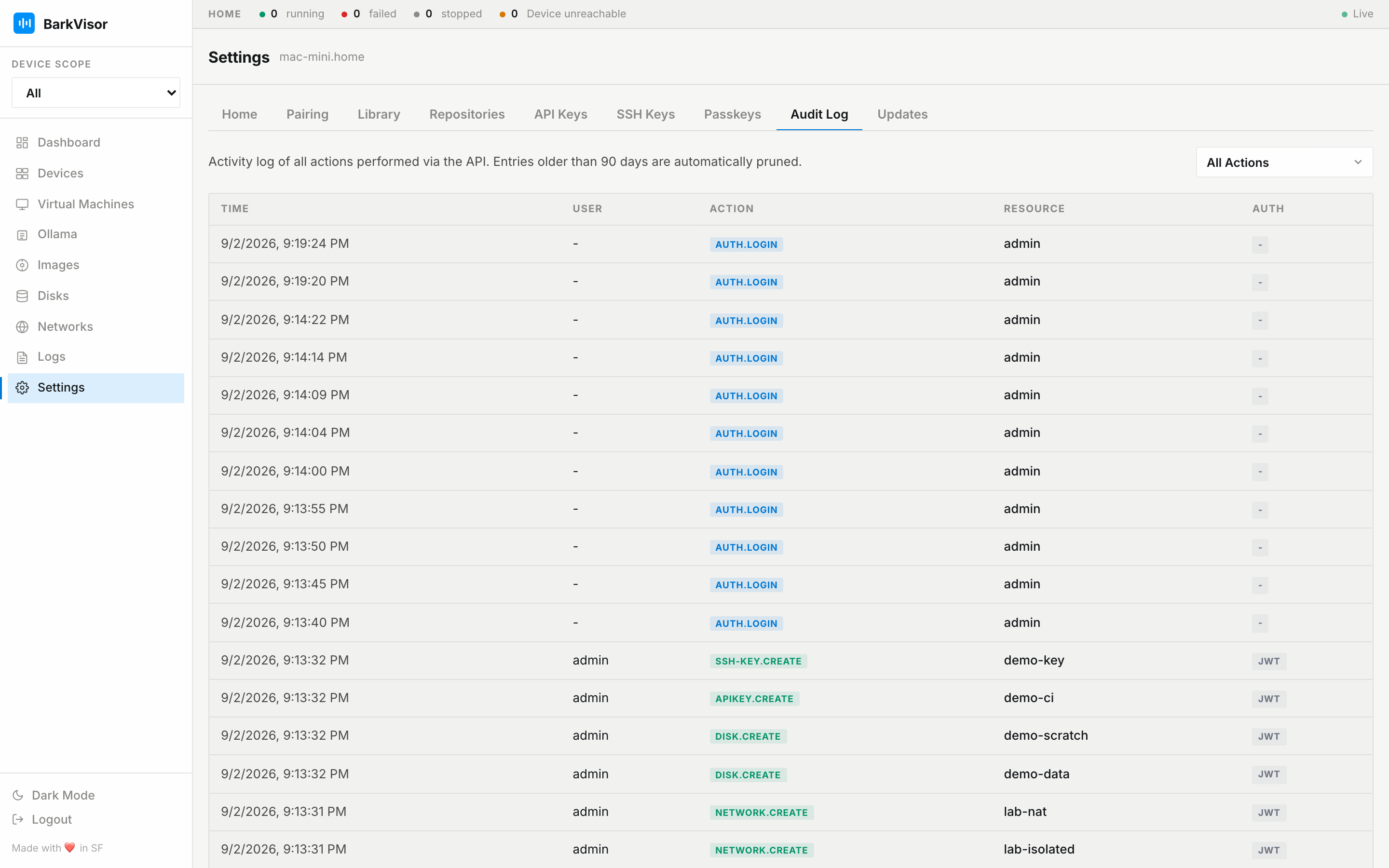Settings Audit Log tab