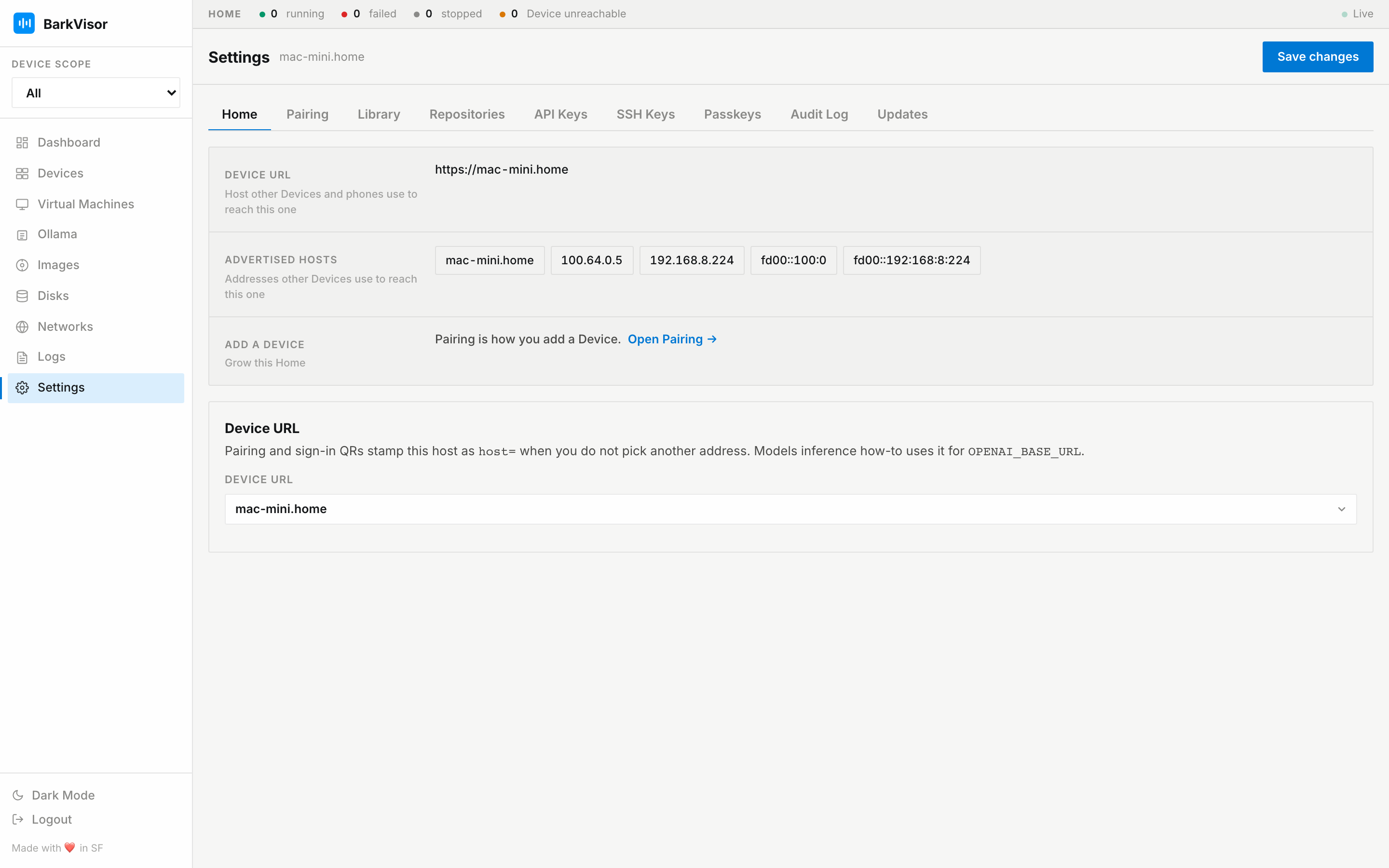 Settings Home tab: Device URL, advertised hosts, and pairing shortcut