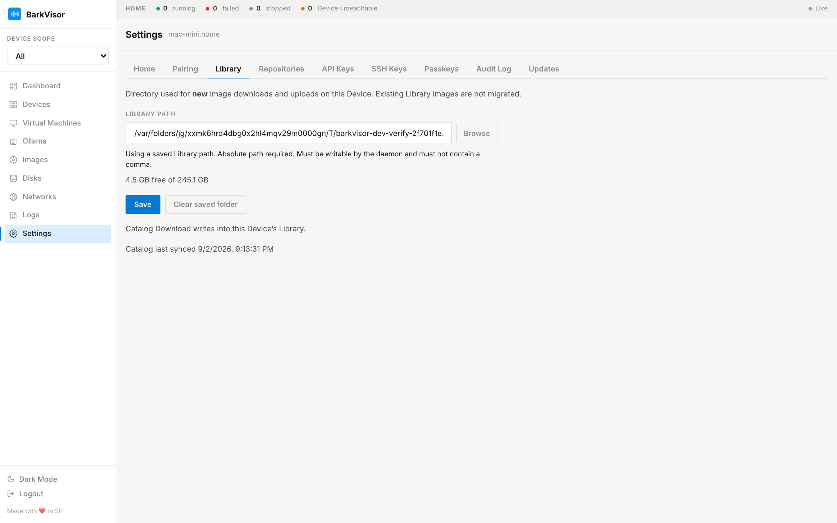 Settings Library tab: path, capacity