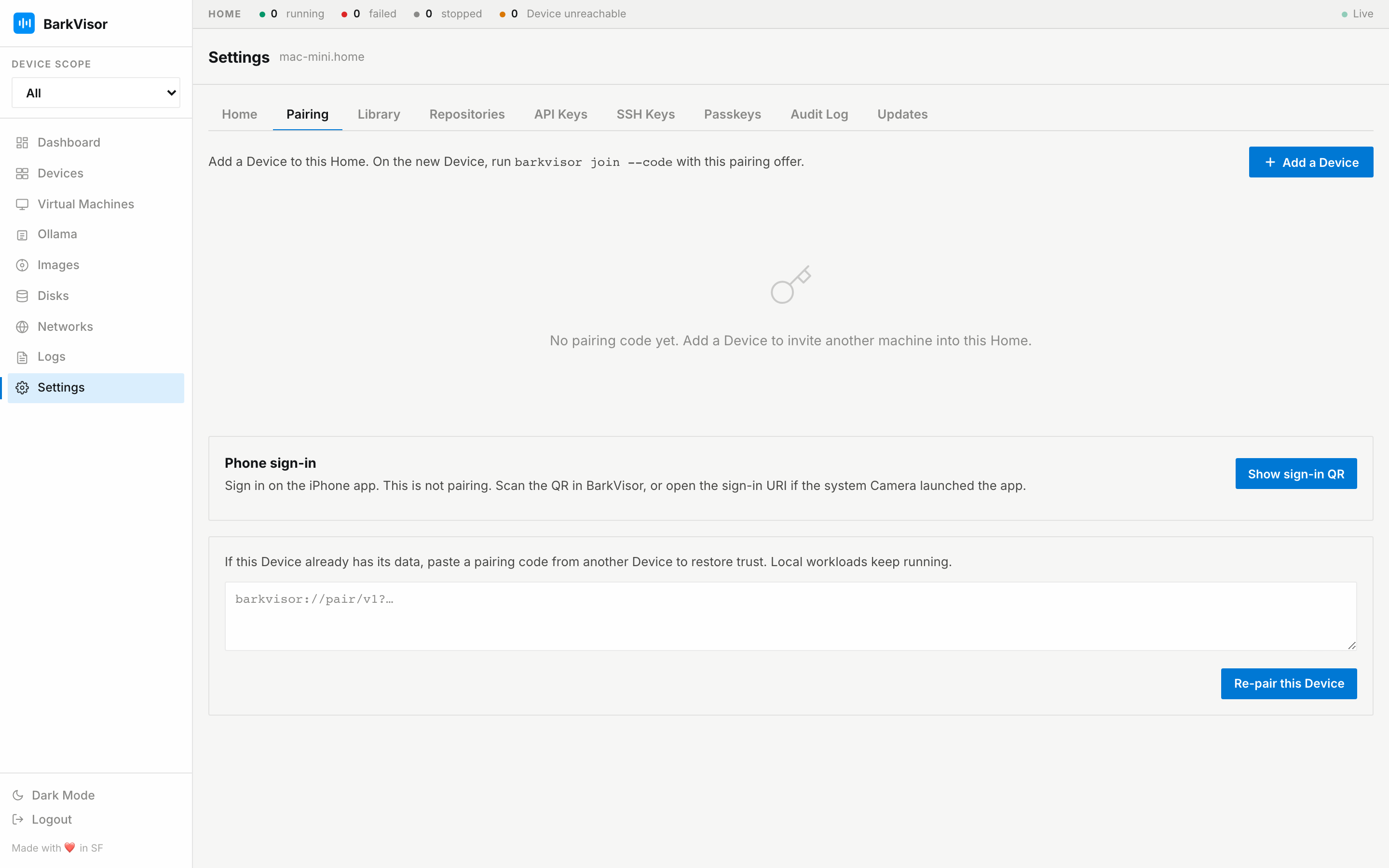 Settings Pairing tab: Add a Device, phone sign-in, and re-pair