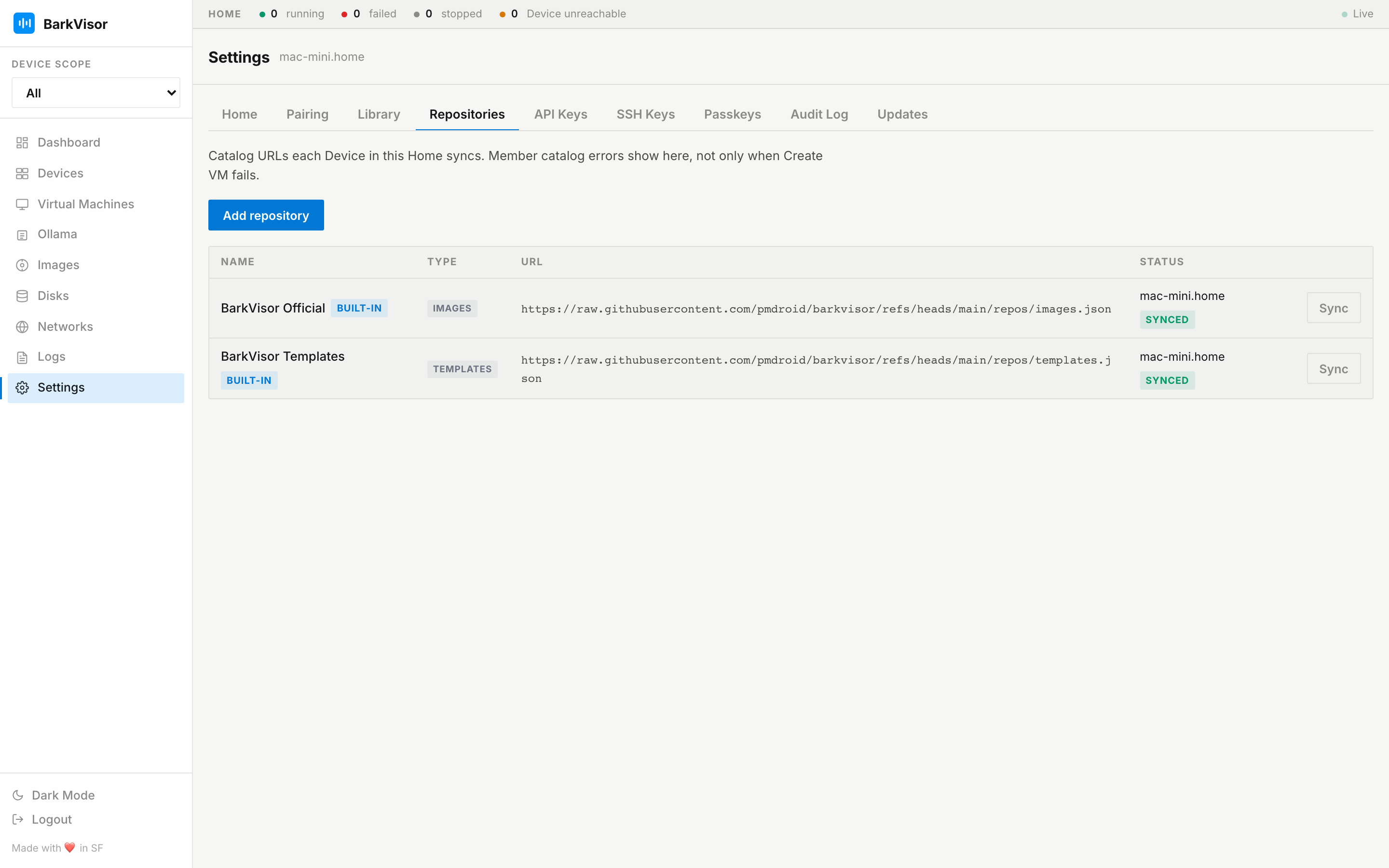 Settings Repositories tab: catalog URLs and sync