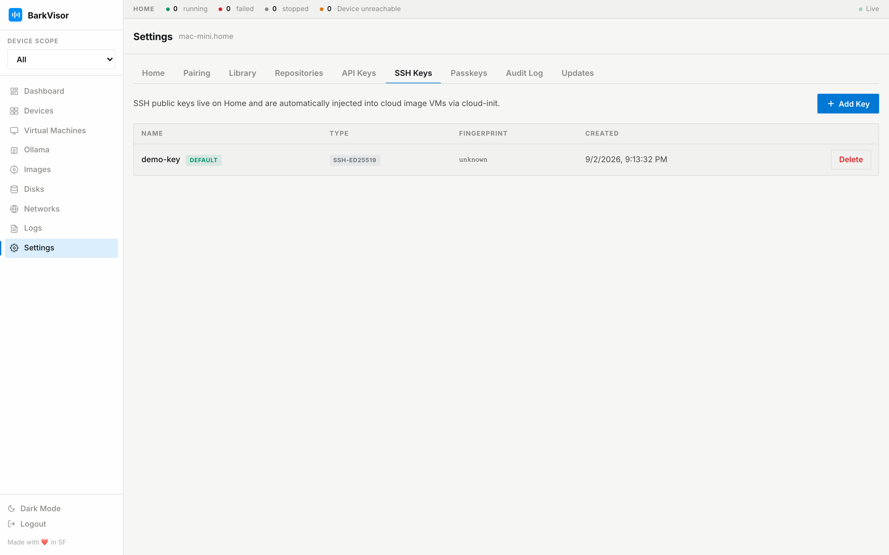 Settings SSH Keys tab