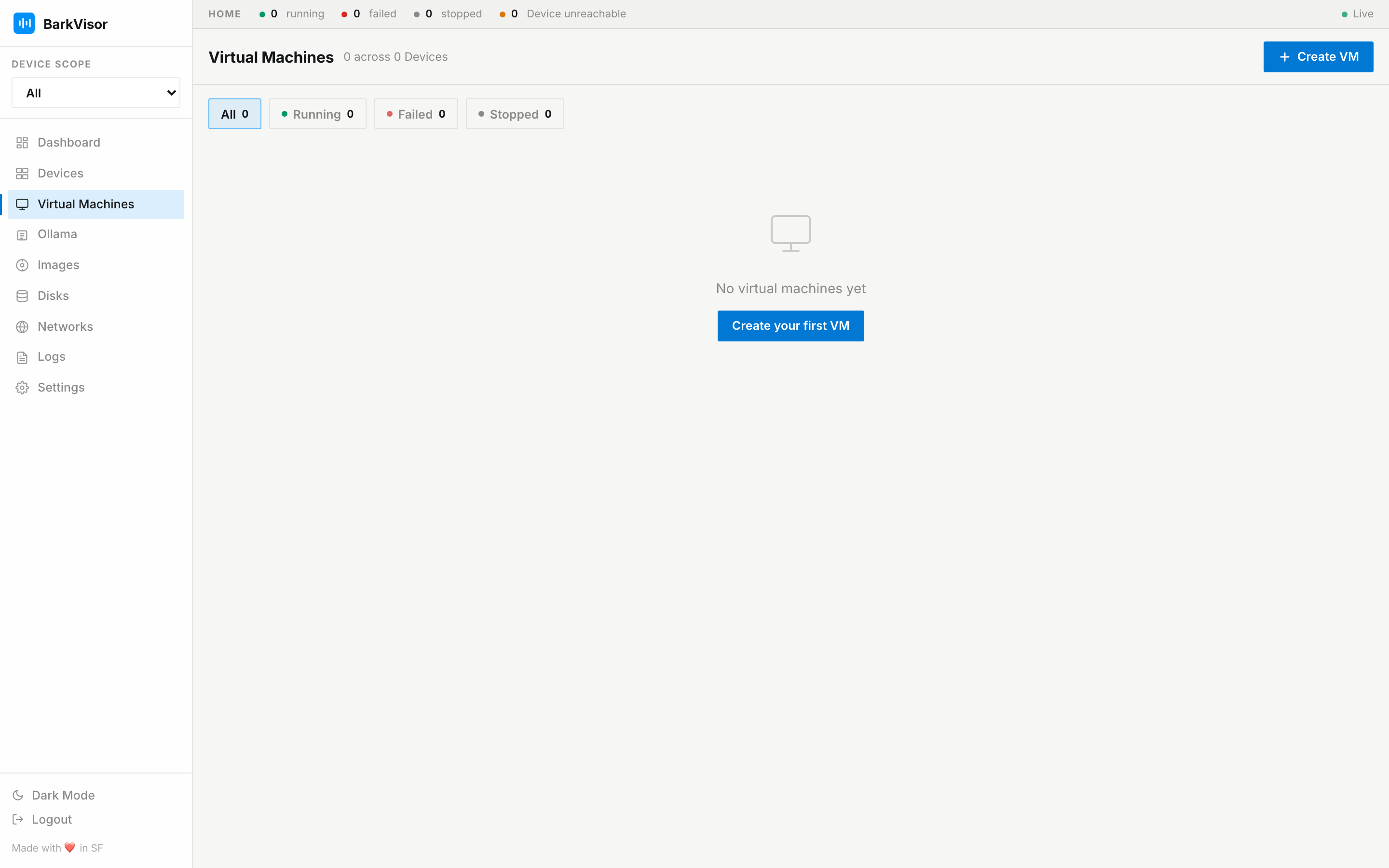 Virtual Machines list with health filter chips